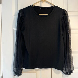 ZARA Black Top With Sheer Puff Sleeves Size S Peter Pan Boho Classic